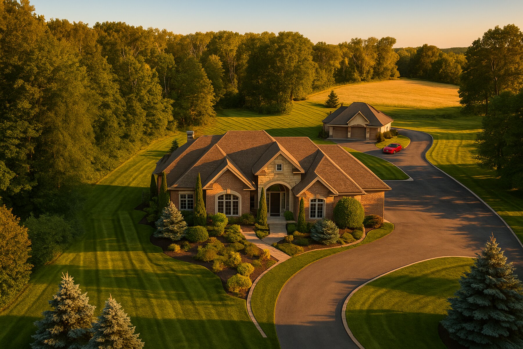 A luxury estate in the corridor at golden hour