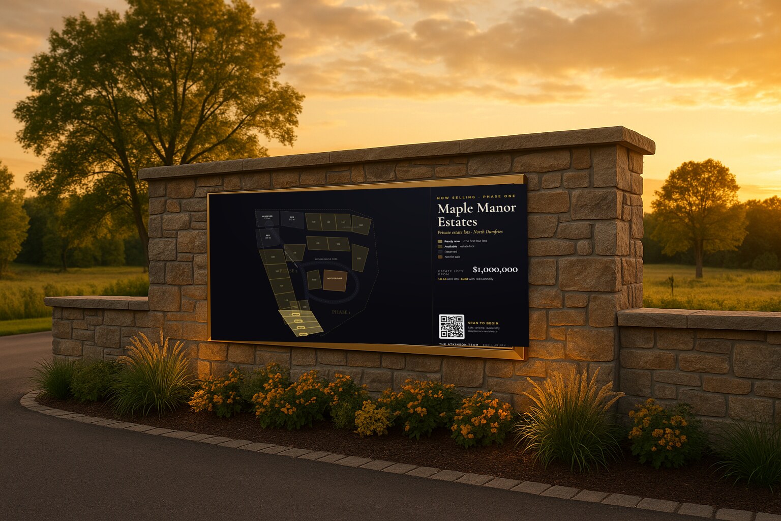 Maple Manor Estates entrance monument sign concept, shown on site at golden hour