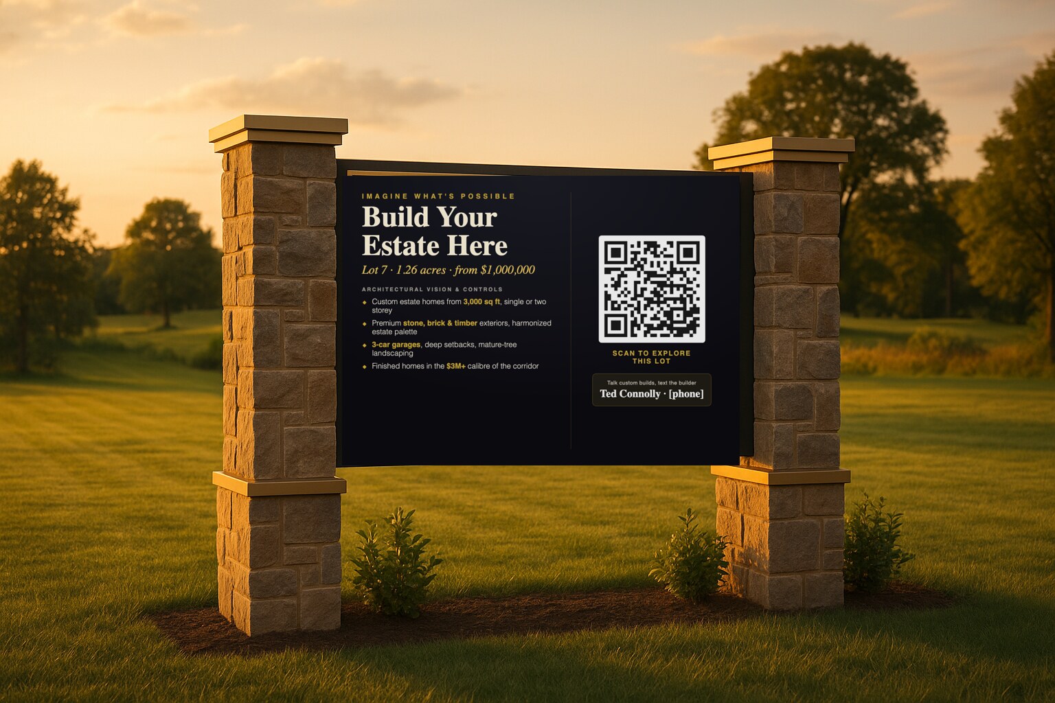 Per-lot estate sign concept, shown on a lot at golden hour